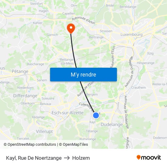 Kayl, Rue De Noertzange to Holzem map