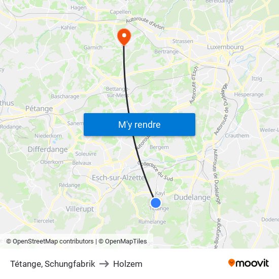 Tétange, Schungfabrik to Holzem map