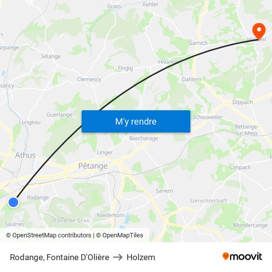Rodange, Fontaine D'Olière to Holzem map