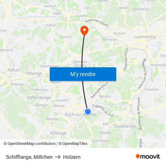 Schifflange, Millchen to Holzem map