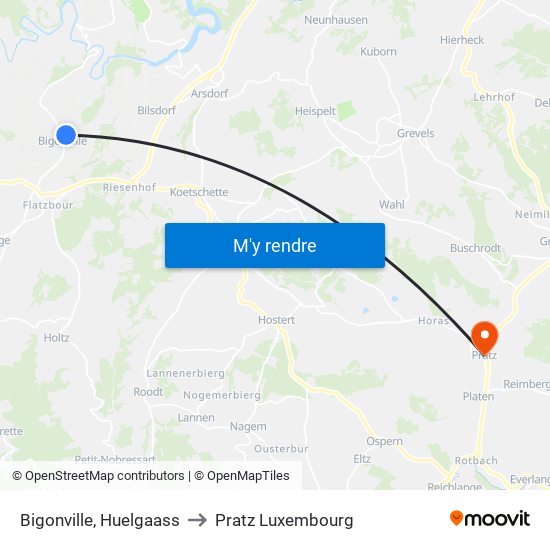 Bigonville, Huelgaass to Pratz Luxembourg map