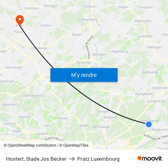 Hostert, Stade Jos Becker to Pratz Luxembourg map
