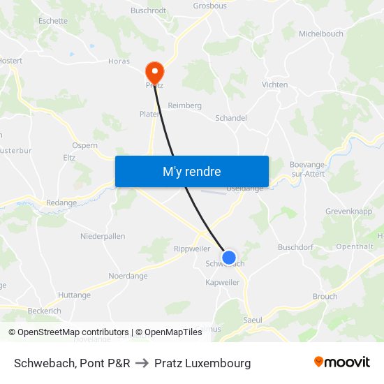 Schwebach, Pont P&R to Pratz Luxembourg map