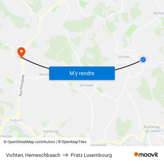 Vichten, Hemeschbaach to Pratz Luxembourg map