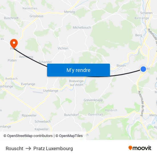 Rouscht to Pratz Luxembourg map