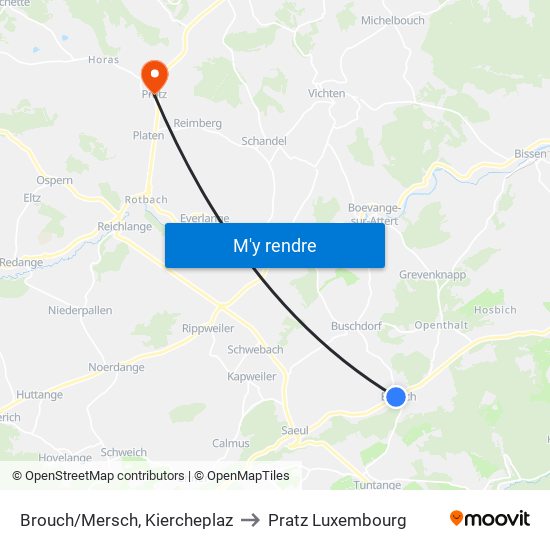 Brouch/Mersch, Kiercheplaz to Pratz Luxembourg map