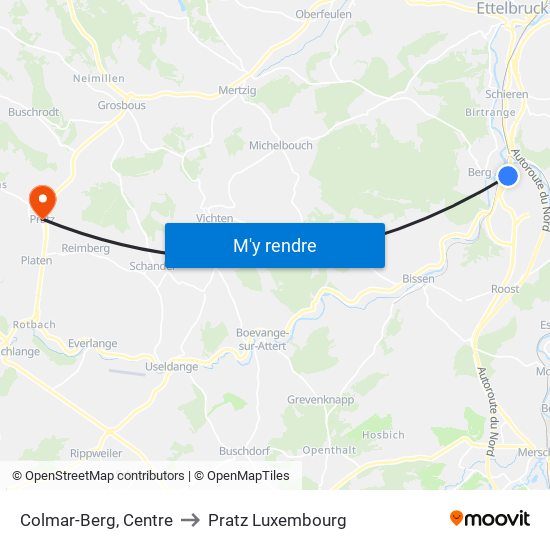 Colmar-Berg, Centre to Pratz Luxembourg map