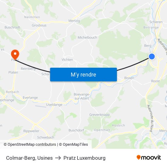 Colmar-Berg, Usines to Pratz Luxembourg map