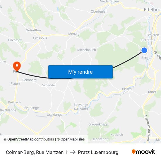 Colmar-Berg, Rue Martzen 1 to Pratz Luxembourg map