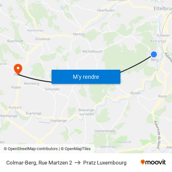 Colmar-Berg, Rue Martzen 2 to Pratz Luxembourg map