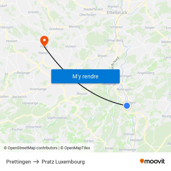 Prettingen to Pratz Luxembourg map