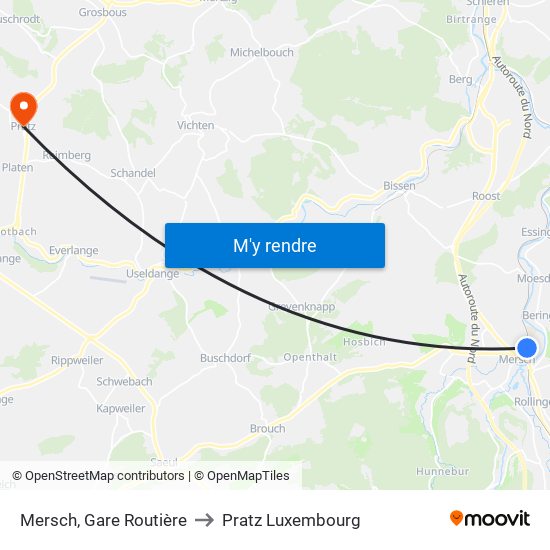 Mersch, Gare Routière to Pratz Luxembourg map