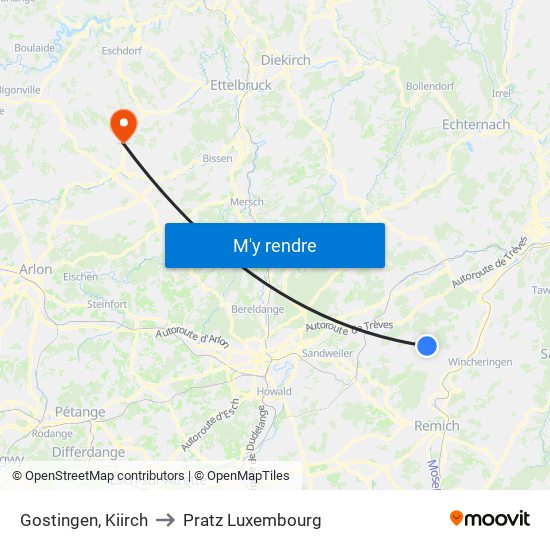 Gostingen, Kiirch to Pratz Luxembourg map