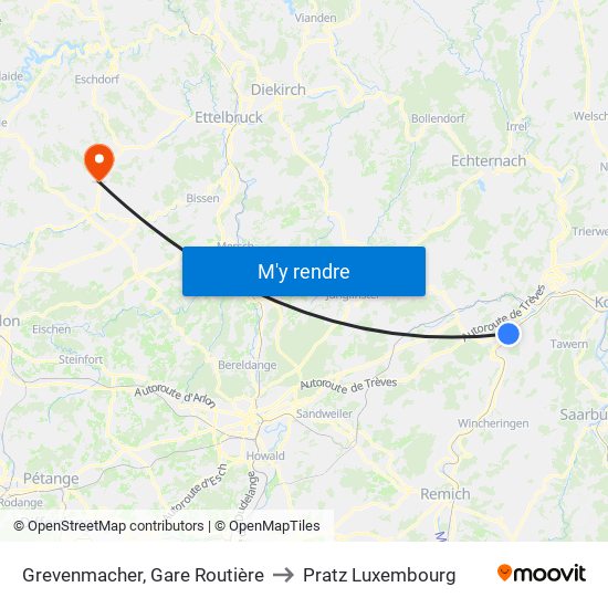 Grevenmacher, Gare Routière to Pratz Luxembourg map