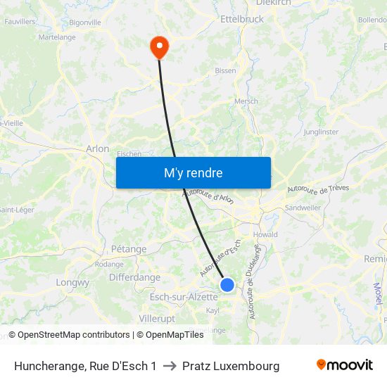 Huncherange, Rue D'Esch 1 to Pratz Luxembourg map