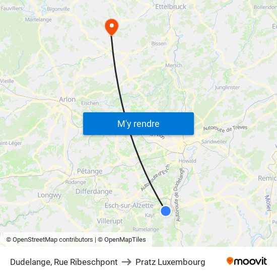 Dudelange, Rue Ribeschpont to Pratz Luxembourg map