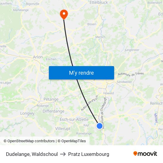 Dudelange, Waldschoul to Pratz Luxembourg map