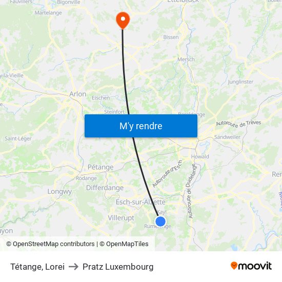 Tétange, Lorei to Pratz Luxembourg map