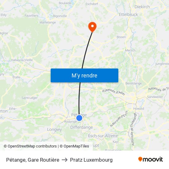 Pétange, Gare Routière to Pratz Luxembourg map