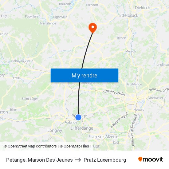 Pétange, Maison Des Jeunes to Pratz Luxembourg map