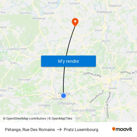 Pétange, Rue Des Romains to Pratz Luxembourg map