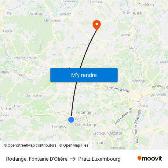 Rodange, Fontaine D'Olière to Pratz Luxembourg map