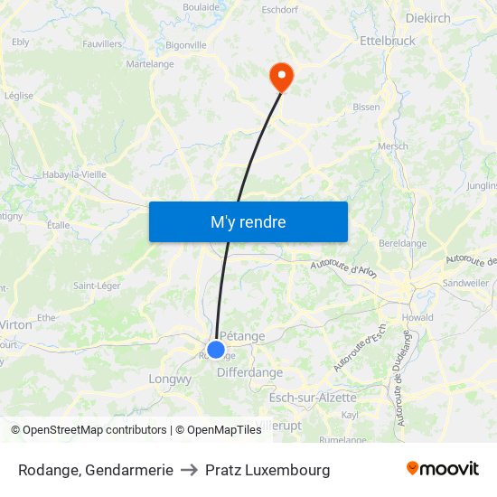 Rodange, Gendarmerie to Pratz Luxembourg map