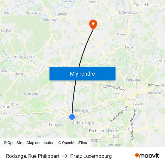 Rodange, Rue Philippart to Pratz Luxembourg map