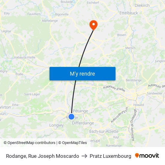 Rodange, Rue Joseph Moscardo to Pratz Luxembourg map