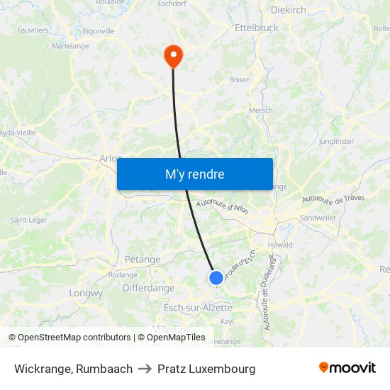 Wickrange, Rumbaach to Pratz Luxembourg map