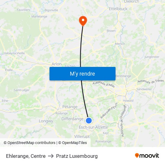 Ehlerange, Centre to Pratz Luxembourg map