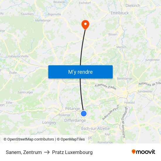 Sanem, Zentrum to Pratz Luxembourg map