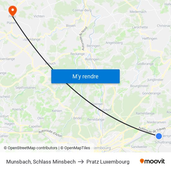 Munsbach, Schlass Minsbech to Pratz Luxembourg map