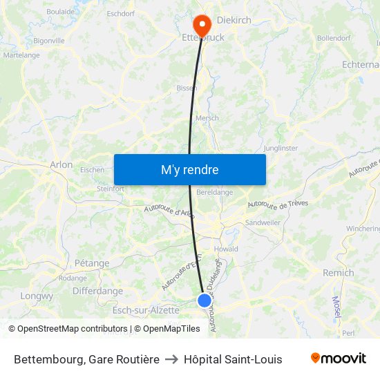 Bettembourg, Gare Routière to Hôpital Saint-Louis map