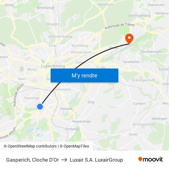 Gasperich, Cloche D'Or to Luxair S.A. LuxairGroup map