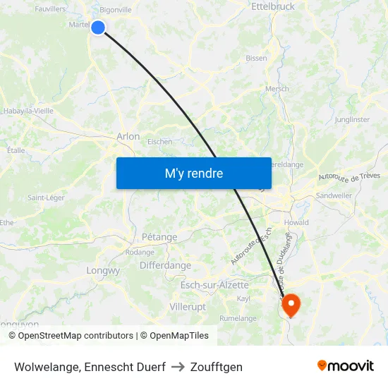 Wolwelange, Ennescht Duerf to Zoufftgen map