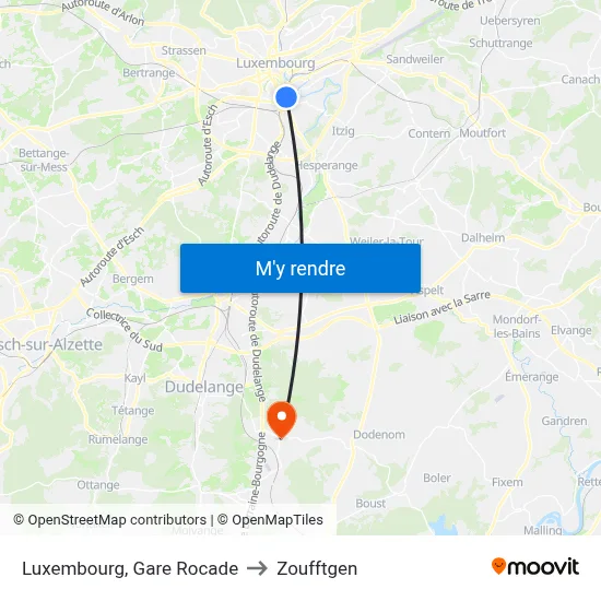 Luxembourg, Gare Rocade to Zoufftgen map