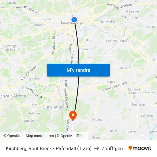 Kirchberg, Rout Bréck - Pafendall (Tram) to Zoufftgen map