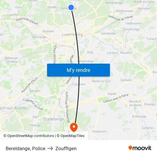 Bereldange, Police to Zoufftgen map