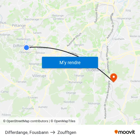 Differdange, Fousbann to Zoufftgen map