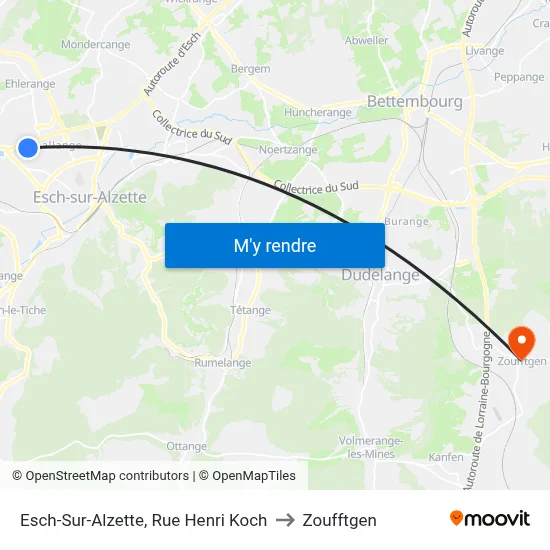 Esch-Sur-Alzette, Rue Henri Koch to Zoufftgen map