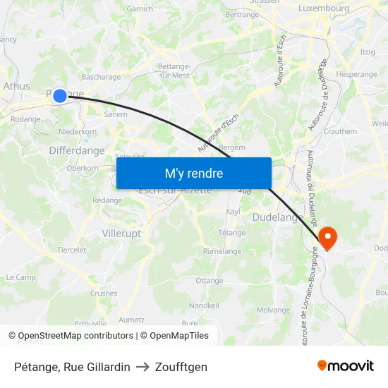 Pétange, Rue Gillardin to Zoufftgen map