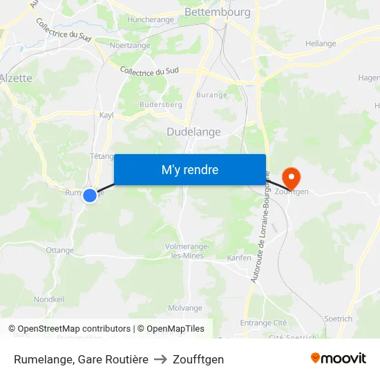 Rumelange, Gare Routière to Zoufftgen map