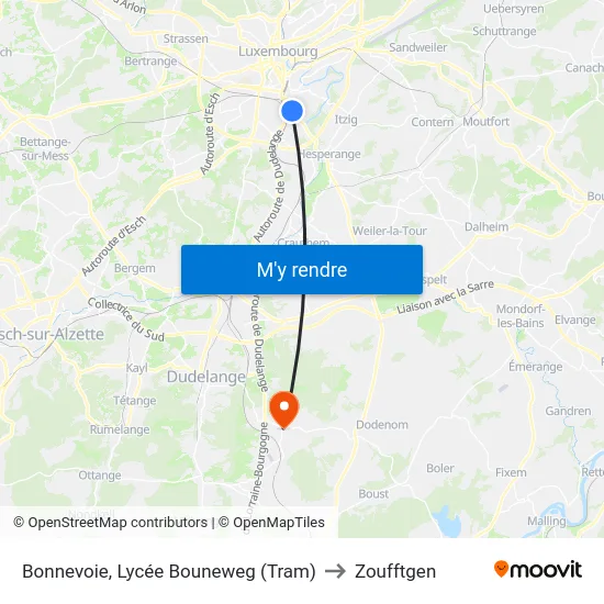 Bonnevoie, Lycée Bouneweg (Tram) to Zoufftgen map