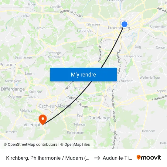 Kirchberg, Philharmonie / Mudam (Tram) to Audun-le-Tiche map