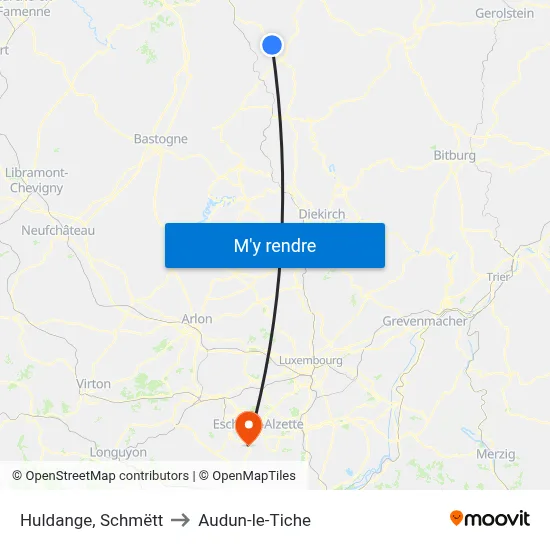 Huldange, Schmëtt to Audun-le-Tiche map