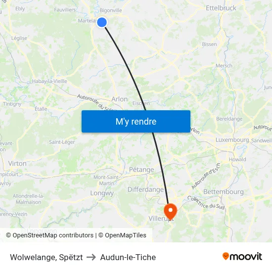 Wolwelange, Spëtzt to Audun-le-Tiche map