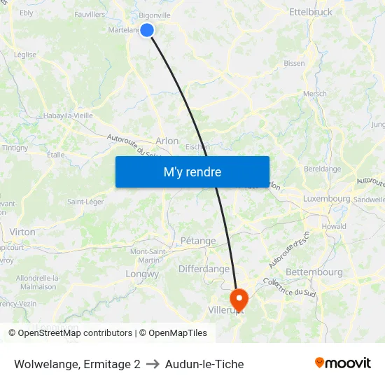 Wolwelange, Ermitage 2 to Audun-le-Tiche map