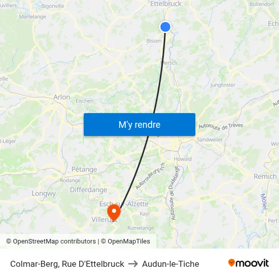 Colmar-Berg, Rue D'Ettelbruck to Audun-le-Tiche map