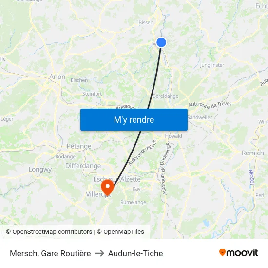 Mersch, Gare Routière to Audun-le-Tiche map